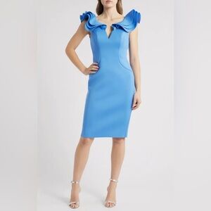 Elegant Blue Ruffle Sleeve Cocktail Dress